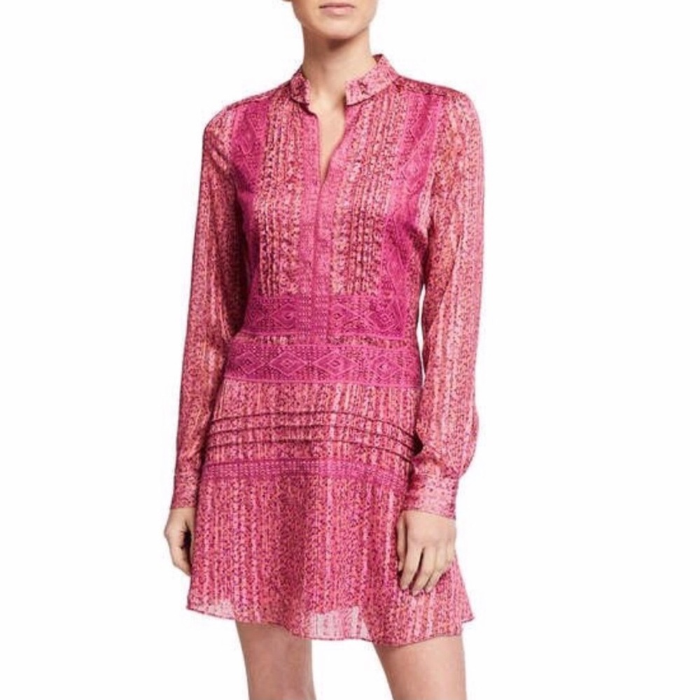 Derek Lam 10 Crosby Floral Mini Shift Dress with Lace Inserts in Pink Metallic